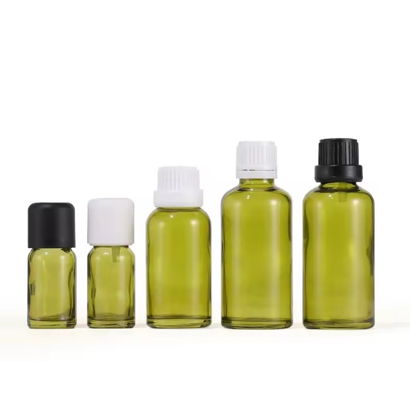 10ml 15ml 30ml オリーブグリーン オリフィス リデューサー エッセンシャルオイル 蓋付き ガラスボトル